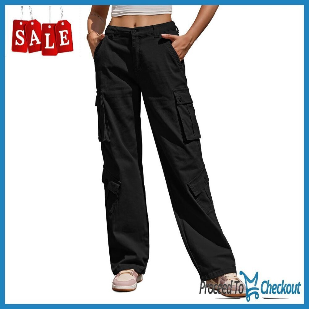 High Waisted Cargo Pants Wide Leg 8 Pockets Stretch Casual Trousers